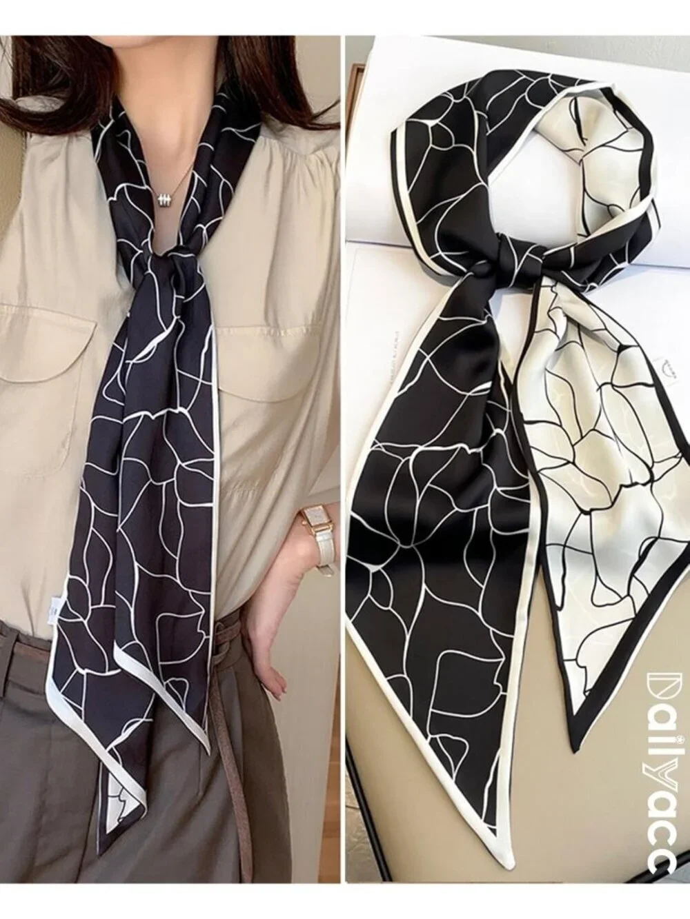 Women's Black White Stylish Silky Satin Headscarf Wrap Lightweight Scarves Scarf